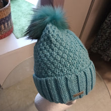 Load image into Gallery viewer, SEEBERGER knit beanie cashmere silk with turn up with real fur pompon in aqua
