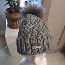 Load image into Gallery viewer, SEEBERGER knit beanie cashmere silk with turn up with real fur pompon in smoke grey
