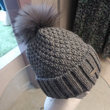 Load image into Gallery viewer, SEEBERGER knit beanie cashmere silk with turn up with real fur pompon in smoke grey
