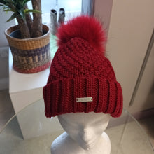 Load image into Gallery viewer, SEEBERGER knit beanie cashmere silk with turn up with real fur pompon in wine red
