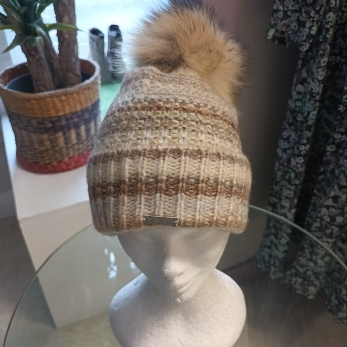 SEEBERGER knit beanie with turn-up and real fur pompon in camel/nutria