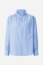 Load image into Gallery viewer, Rich & Royal Pinstriped Blouse with Ruffle Collar in Blue