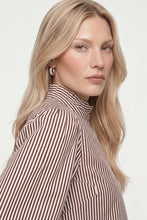 Load image into Gallery viewer, Rich & Royal Striped Ruffled Collar Blouse in Chocolate Torte