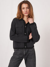 Load image into Gallery viewer, Repeat Two-Tone Polo Neck Cardigan With Chest Pockets in Charcoal/Black