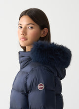Load image into Gallery viewer, Colmar Turtle-Neck Down with Faux Fur in Navy