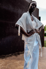 Load image into Gallery viewer, Herzen's Wrap with Tassels 5006 in Light Silver/ Vanilla