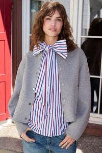 Rich & Royal Striped Blouse with Bow in Midnight Blue