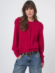 Repeat Buttoned Cashmere Cardigan With Shoulder Detail in Ruby