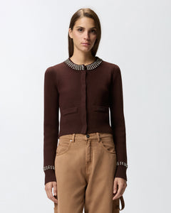 Pinko Round-Neck Cardigan with Rhinestones in Brown