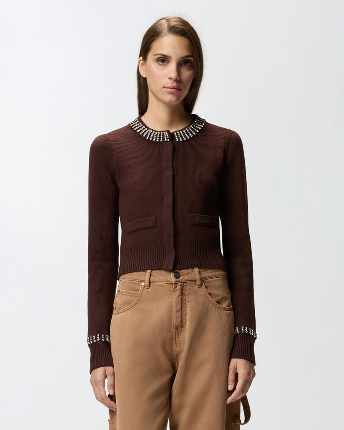Pinko Round-Neck Cardigan with Rhinestones in Brown