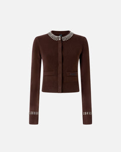 Pinko Round-Neck Cardigan with Rhinestones in Brown