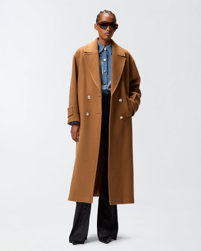 Pinko Long Double-Breasted Coat in Brown