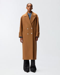 Pinko Long Double-Breasted Coat in Brown