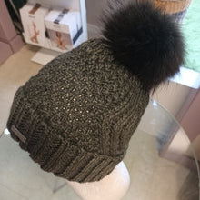 Load image into Gallery viewer, SEEBERGER knit beanie cashmere silk with turn up with real fur pompon in olive

