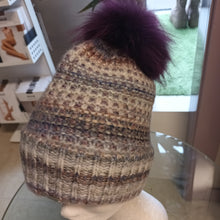 Load image into Gallery viewer, SEEBERGER knit beanie with turn-up and real fur pompon in fuchsia/smoke grey
