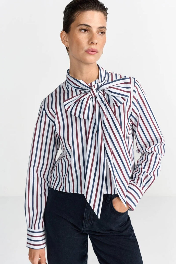 Rich & Royal Striped Blouse with Bow in Midnight Blue