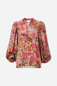 Rich & Royal Printed V-Neck Blouse in Ruby Glow
