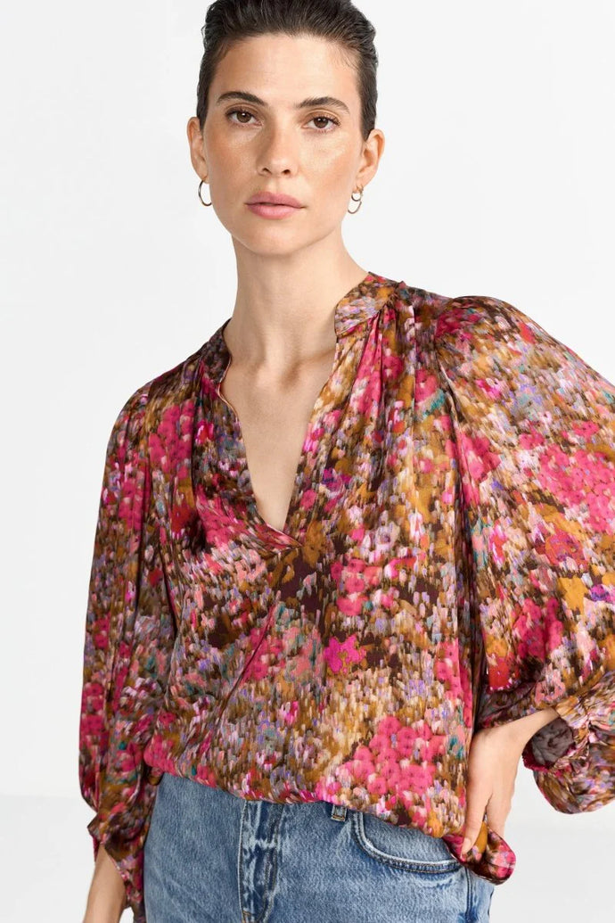 Rich & Royal Printed V-Neck Blouse in Ruby Glow