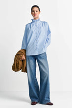 Load image into Gallery viewer, Rich &amp; Royal Pinstriped Blouse with Ruffle Collar in Blue
