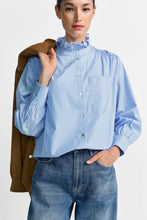 Load image into Gallery viewer, Rich &amp; Royal Pinstriped Blouse with Ruffle Collar in Blue
