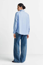 Load image into Gallery viewer, Rich &amp; Royal Pinstriped Blouse with Ruffle Collar in Blue

