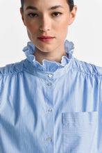 Load image into Gallery viewer, Rich &amp; Royal Pinstriped Blouse with Ruffle Collar in Blue
