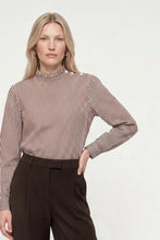 Load image into Gallery viewer, Rich &amp; Royal Striped Ruffled Collar Blouse in Chocolate Torte
