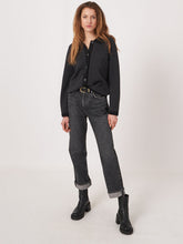 Load image into Gallery viewer, Repeat Two-Tone Polo Neck Cardigan With Chest Pockets in Charcoal/Black
