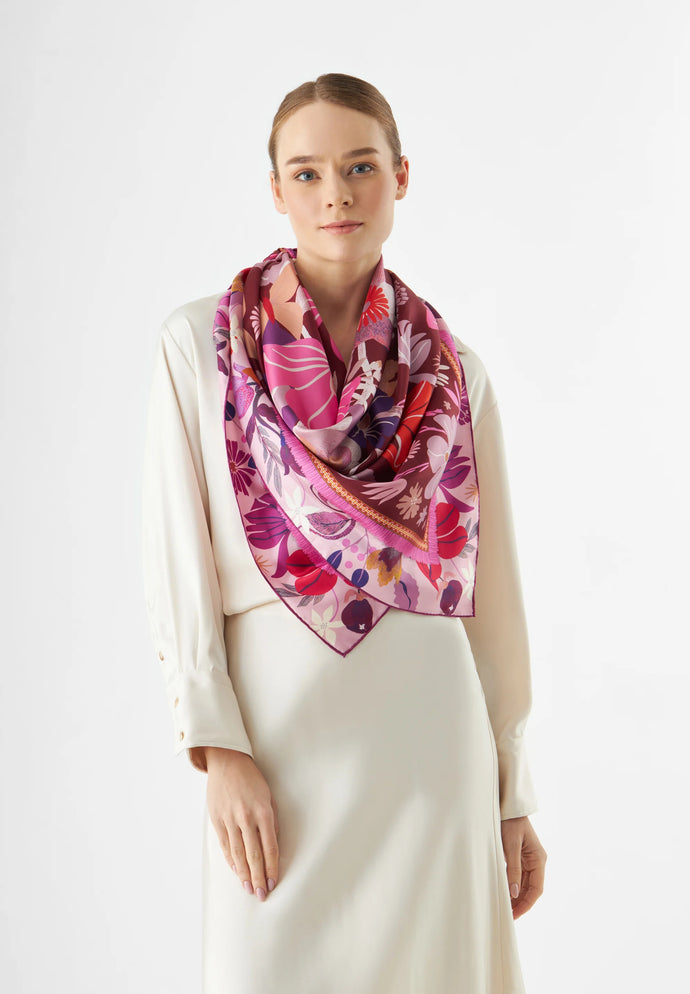 Codello Flower Printed Silk Scarf in Pink