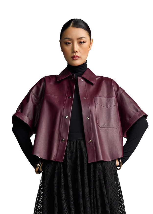 Riani Cropped Leather Jacket in Morello