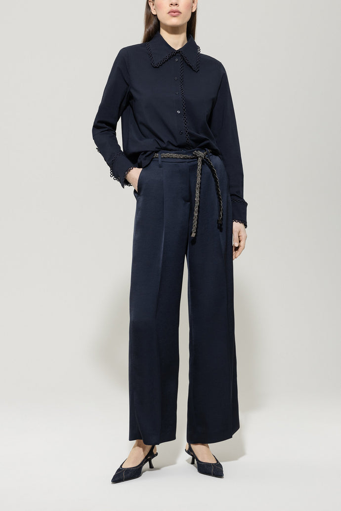 Luisa Cerano Satin Wide-Leg Trousers in Navy