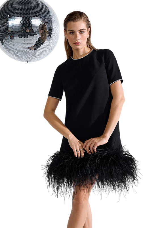 Riani Dress with Feather Hem in Black