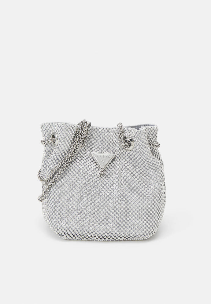 Guess Sofia Rhinestone Mini Bucket Bag in Silver