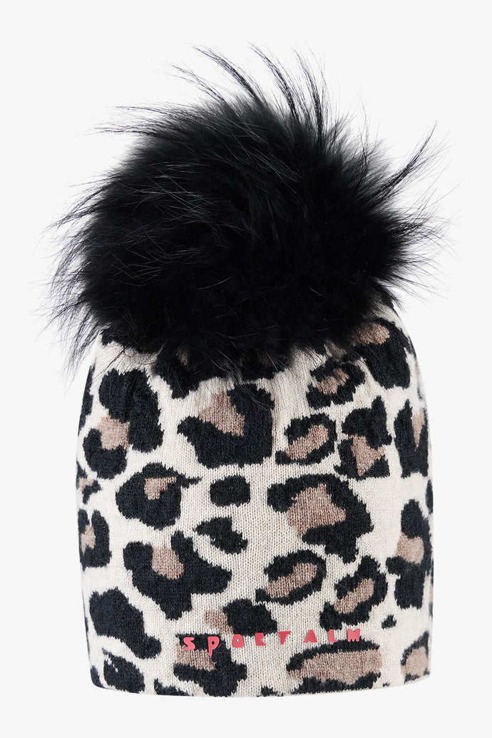 Sportalm Knitted Leo Hat With Real Fur Pompom in Black