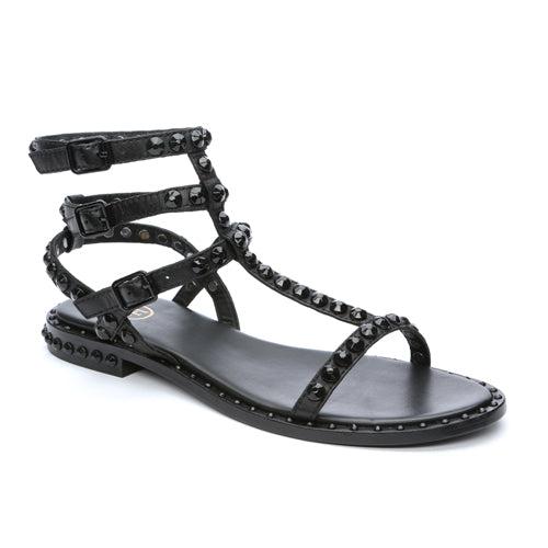 Ash Play Tonal-Studded Flat Sandal in Black