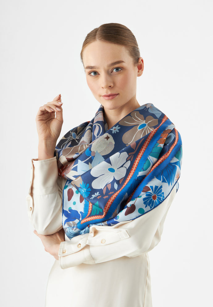 Codello Premium Scarf with Floral Print in Blue