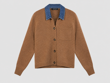 Load image into Gallery viewer, Repeat Cashmere-Wool Cardigan with Denim Collar
