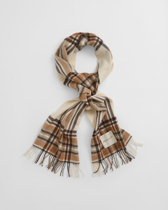 Gant Tartan Check Wool Scarf in Cream
