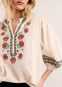 Summum Cream Blouse with Pink Embroidery