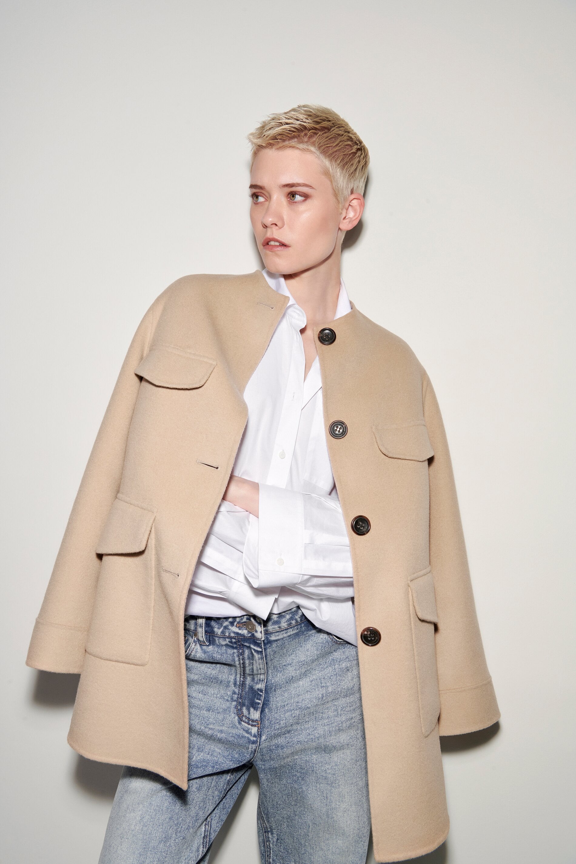 Women double clearance face collarless coat