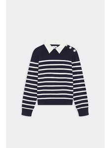 Suncoo Pilgrimi Polo Pullover in White/Navy Stripes