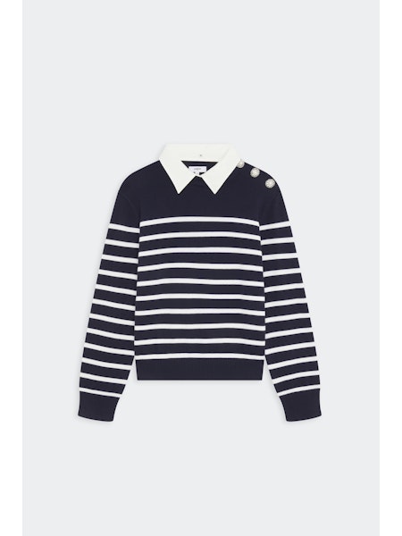 Suncoo Pilgrimi Polo Pullover in White/Navy Stripes
