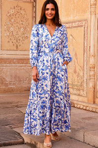 Aspiga Annie Hammered Satin Dress in Cream/Blue