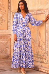 Aspiga Annie Hammered Satin Dress in Cream/Blue