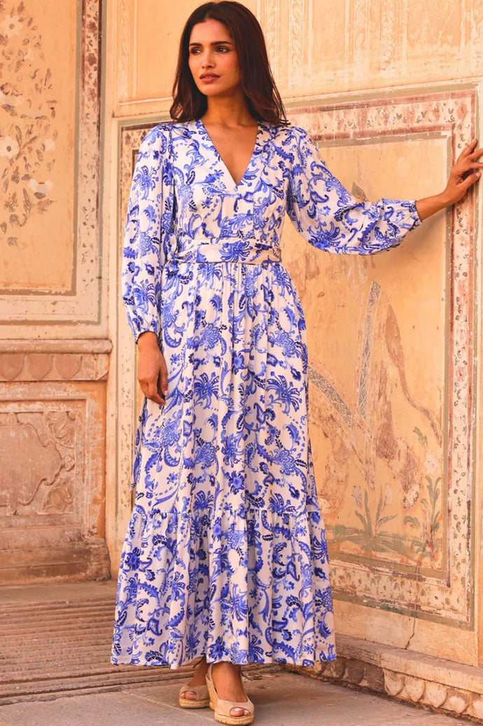 Aspiga Annie Hammered Satin Dress in Cream/Blue