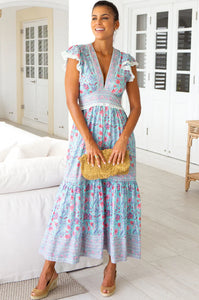 Aspiga Pippa Block Print Midi Dress in Blue