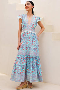 Aspiga Pippa Block Print Midi Dress in Blue