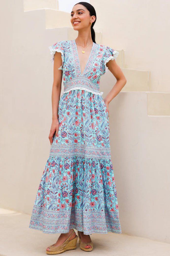 Aspiga Pippa Block Print Midi Dress in Blue