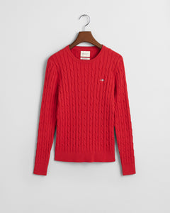 Gant Stretch Cotton Cable Knit Crew Neck Sweater in Ruby Red