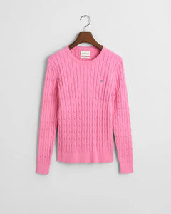 Gant Stretch Cotton Cable Knit Crew Neck Sweater in Candy Pink